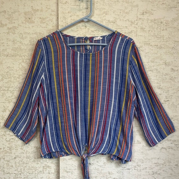 Tea Rose Vertical Stripe Blue Top Sz L Multicolor Stripes Hem Tie Boho Slimming - Picture 1 of 14
